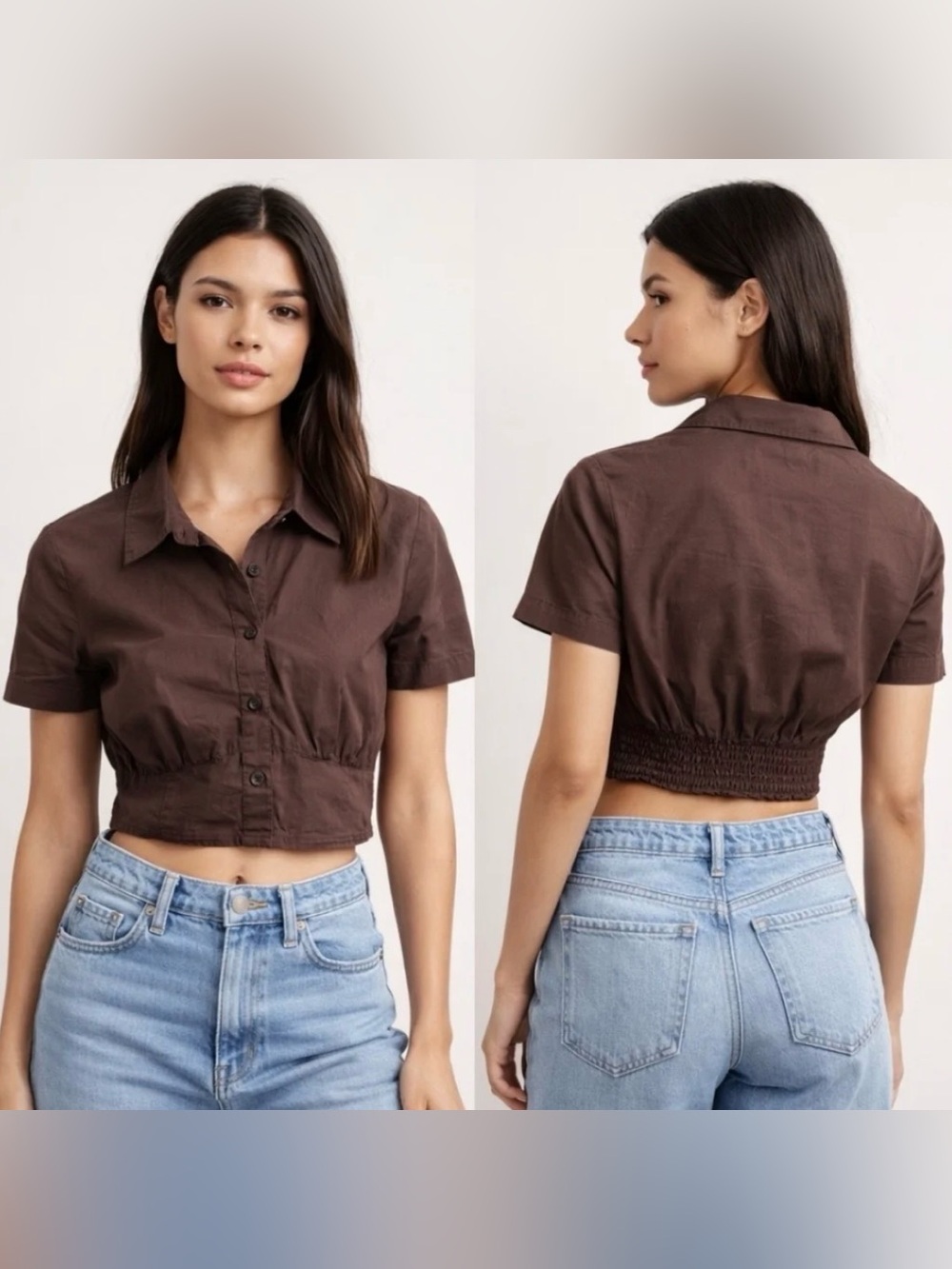 H&M Cropped Button-Front Shirt - Chocolate Brown